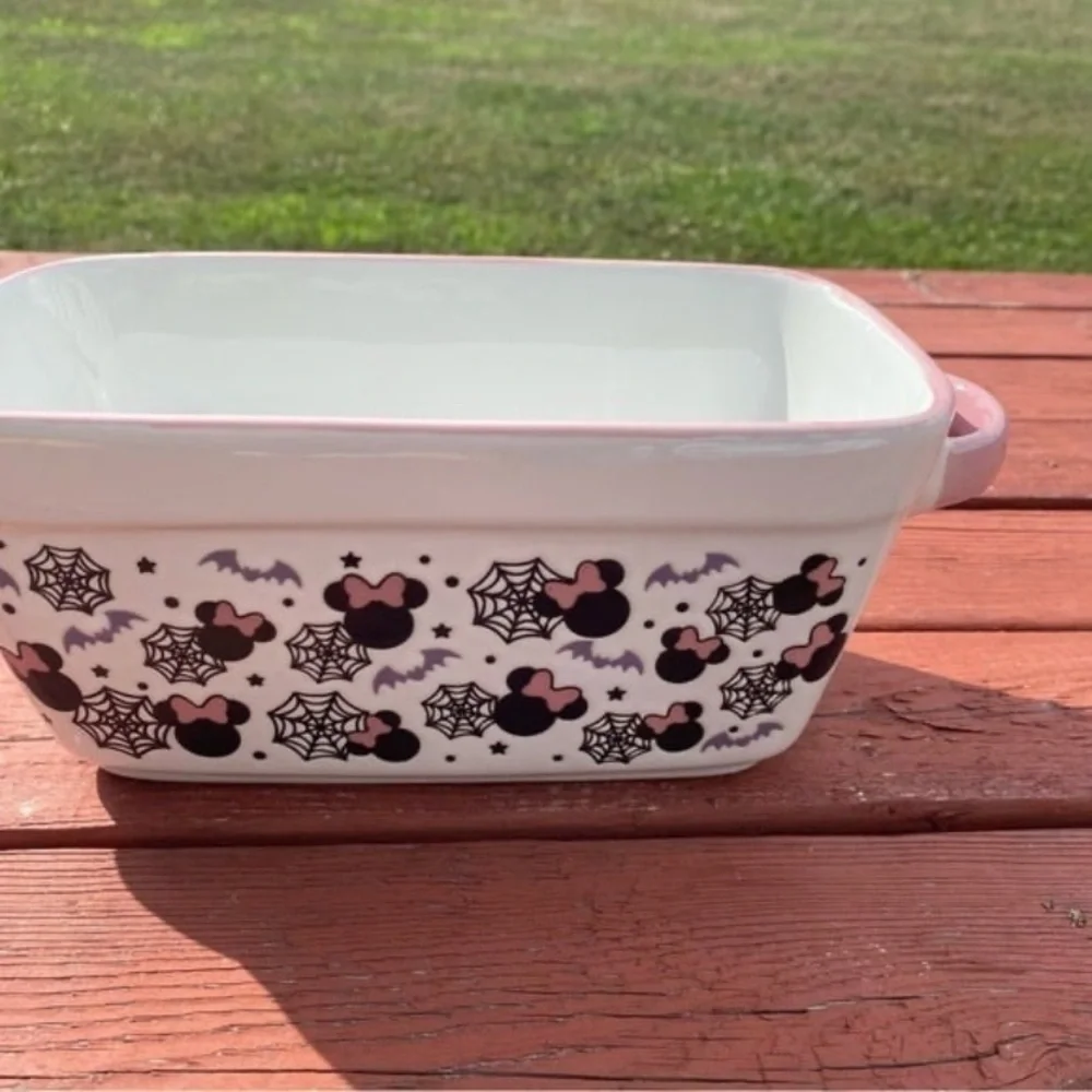 Disney Minnie Mouse Baking Dish NEW Halloween Spider Web Pink Handles Loaf Bread